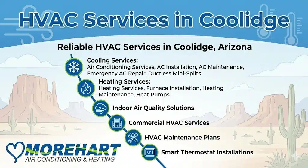Infographic by Morehart Air Conditioning & Heating titled "HVAC Services in Coolidge." It lists reliable services for cooling, heating, indoor air quality, commercial needs, maintenance plans, and smart thermostat installations in Coolidge, Arizona.